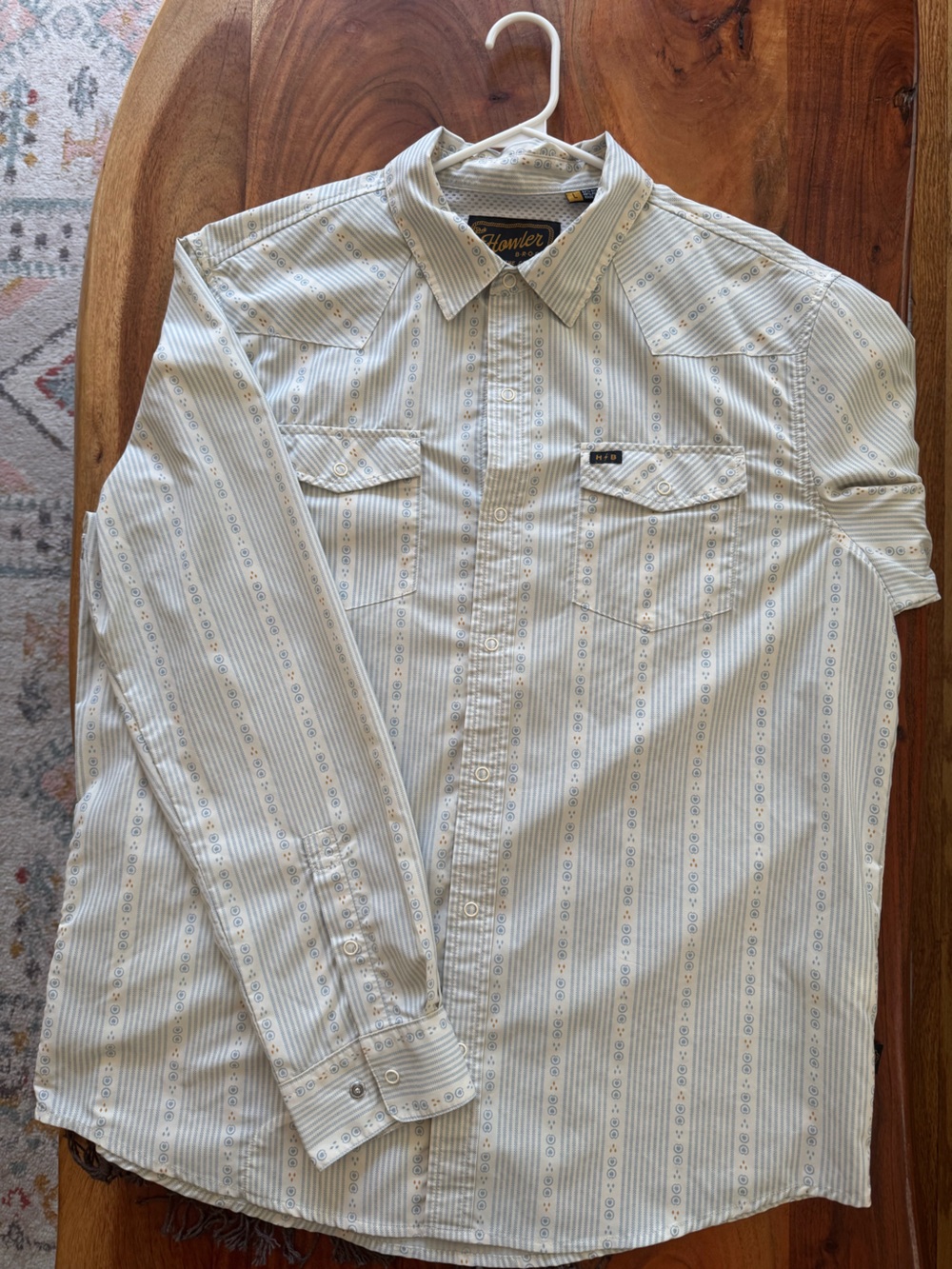 Howler Brothers Cream Button-Down with Subtle Blue Stripe Motif